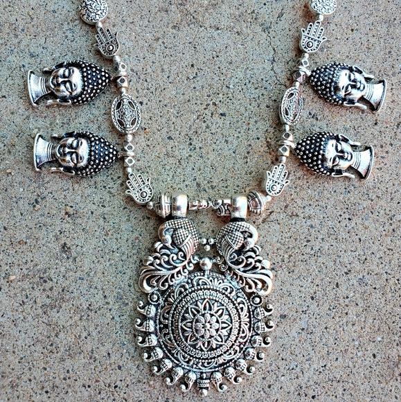 New Oversized Buddha Heads 925 Silver Tribal Necklace. - Picture 11 of 15
